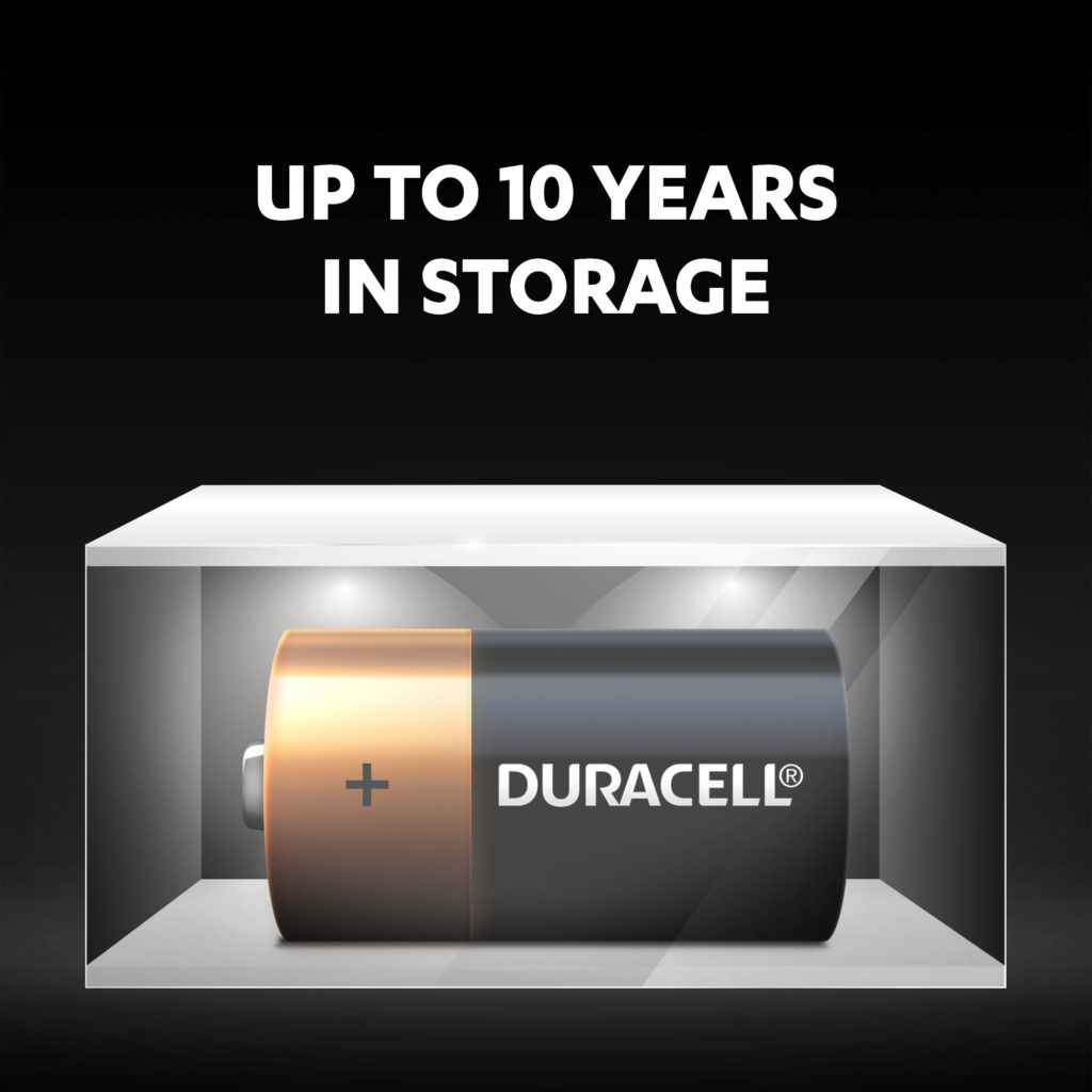 Unused Duracell Alkaline Plus C-size batteries fresh and powered for up to 10 years in ambient storage