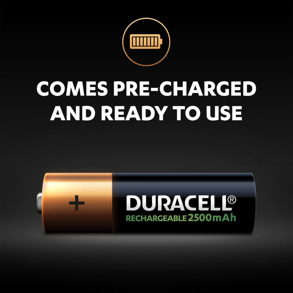 Rechargeable AA 2500 mAh batteries come pre-charged and ready to use